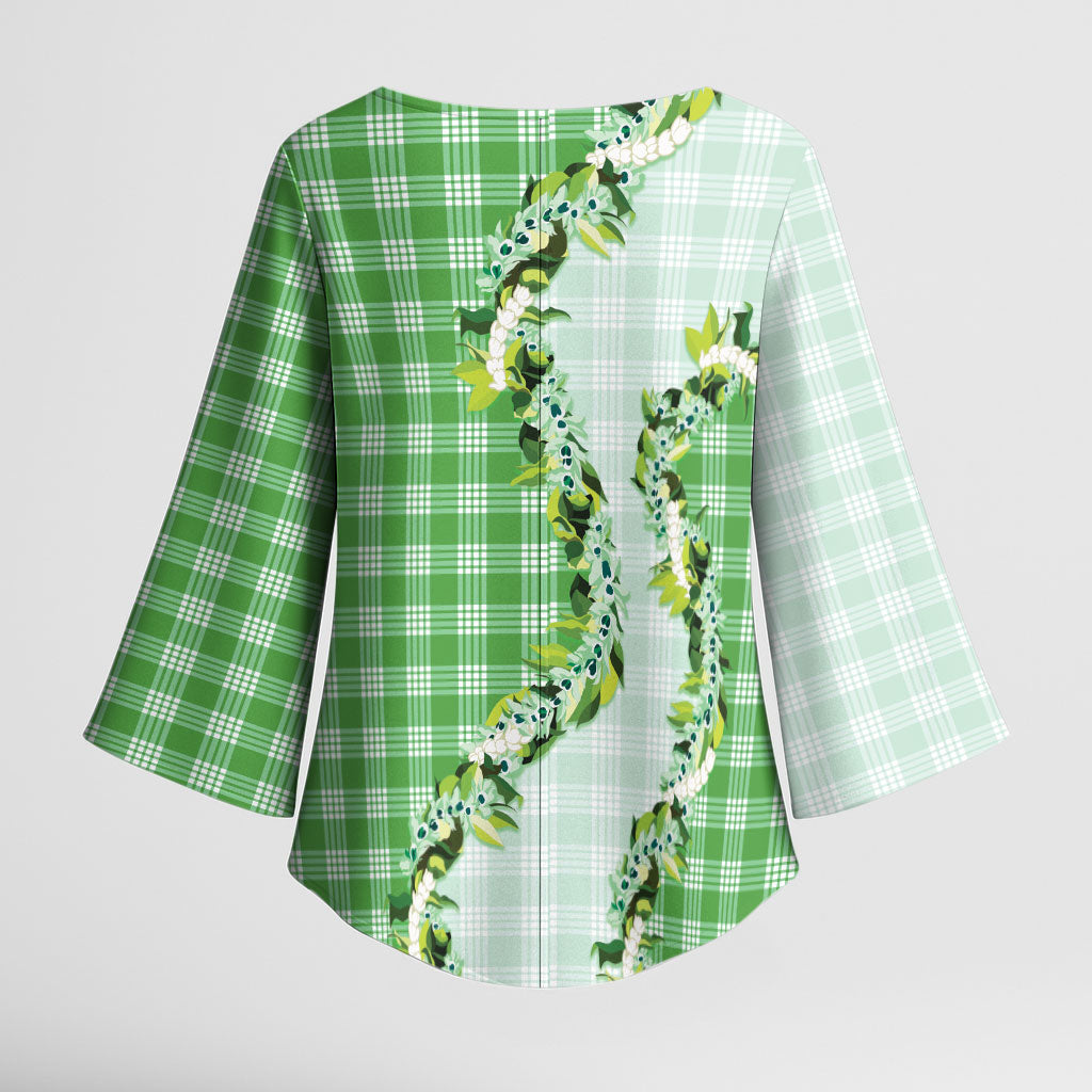Green Hawaii Palaka Kimono Sleeve Blouse Maile Pikake Honohono Orchid Lei LT05 - Polynesian Pride