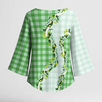 Green Hawaii Palaka Kimono Sleeve Blouse Maile Pikake Honohono Orchid Lei LT05 - Polynesian Pride