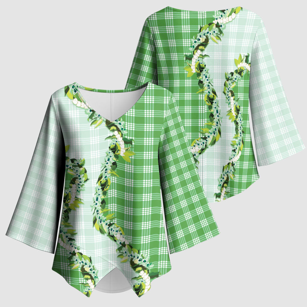 Green Hawaii Palaka Kimono Sleeve Blouse Maile Pikake Honohono Orchid Lei LT05 - Polynesian Pride