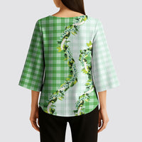 Green Hawaii Palaka Kimono Sleeve Blouse Maile Pikake Honohono Orchid Lei LT05 - Polynesian Pride