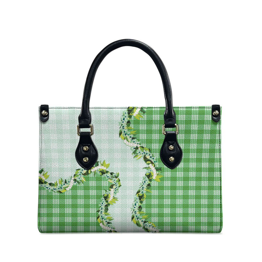 Green Hawaii Palaka Leather Bag Maile Pikake Honohono Orchid Lei