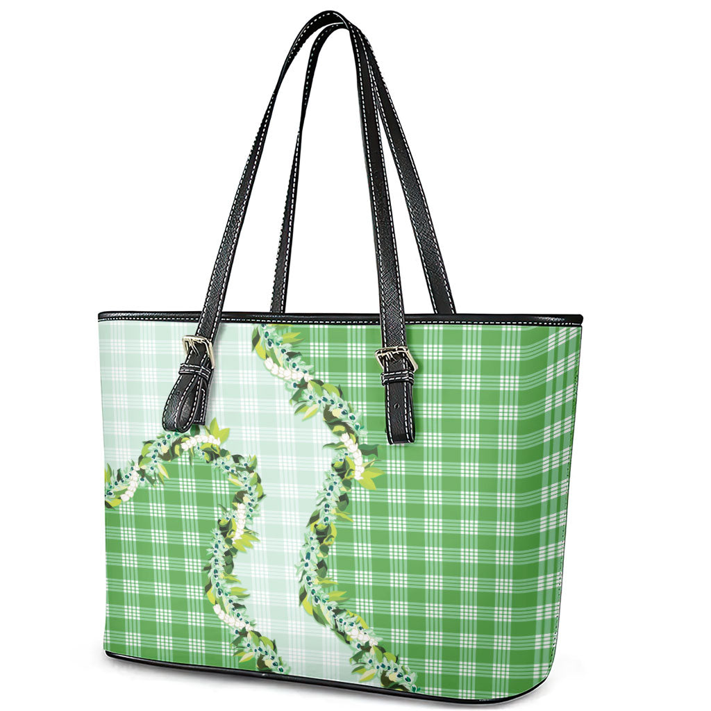 Green Hawaii Palaka Leather Tote Bag Maile Pikake Honohono Orchid Lei