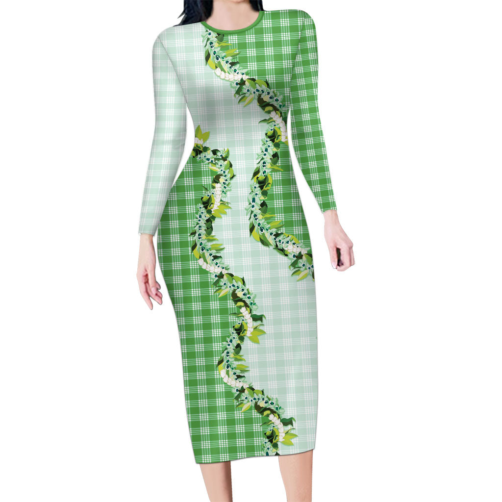 Green Hawaii Palaka Long Sleeve Bodycon Dress Maile Pikake Honohono Orchid Lei LT05 Long Dress Green - Polynesian Pride