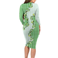 Green Hawaii Palaka Long Sleeve Bodycon Dress Maile Pikake Honohono Orchid Lei LT05 - Polynesian Pride