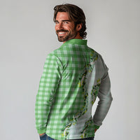Green Hawaii Palaka Long Sleeve Polo Shirt Maile Pikake Honohono Orchid Lei LT05 - Polynesian Pride