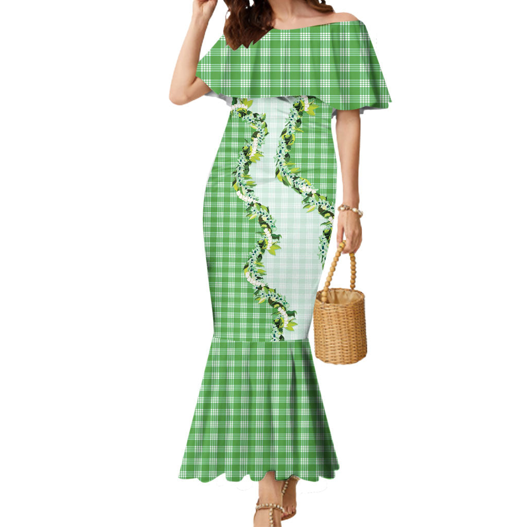 Green Hawaii Palaka Mermaid Dress Maile Pikake Honohono Orchid Lei LT05 Women Green - Polynesian Pride