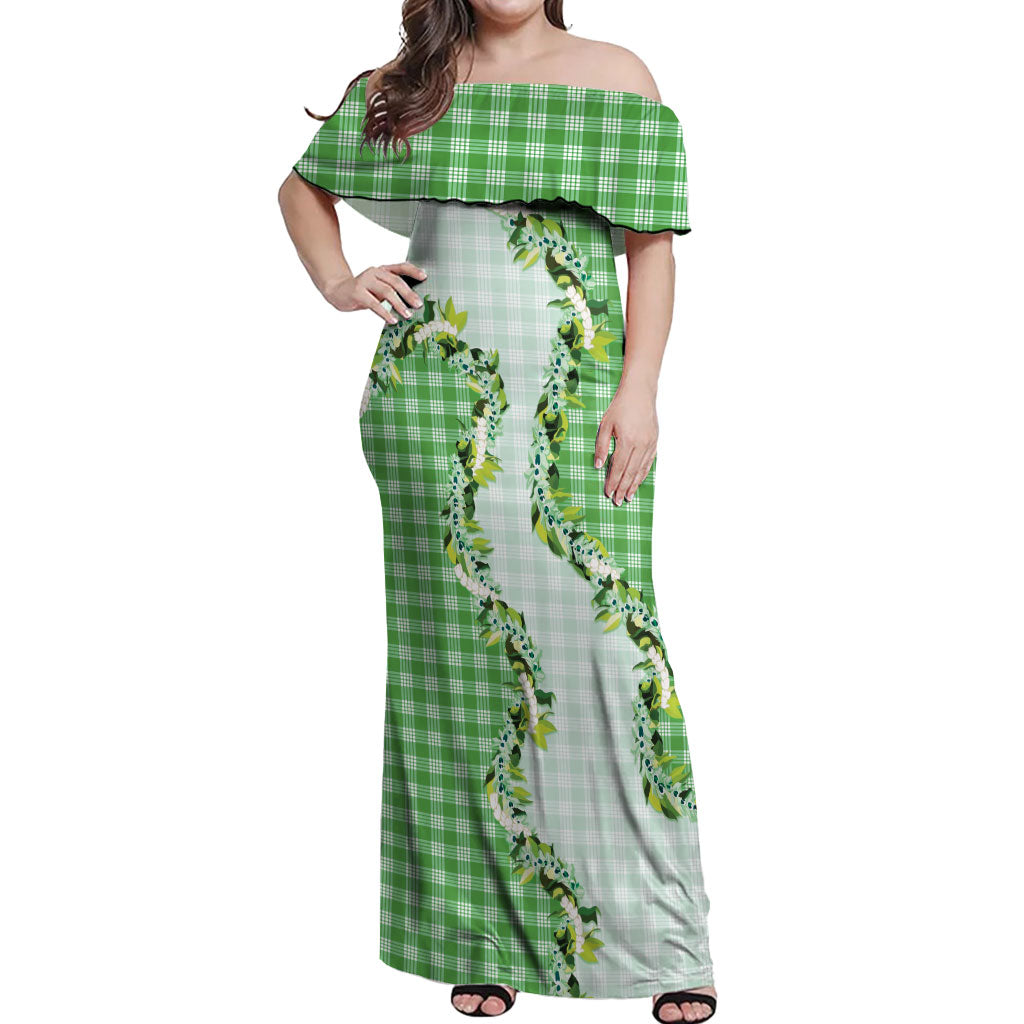 Green Hawaii Palaka Off Shoulder Maxi Dress Maile Pikake Honohono Orchid Lei LT05 Women Green - Polynesian Pride