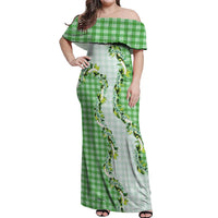Green Hawaii Palaka Off Shoulder Maxi Dress Maile Pikake Honohono Orchid Lei LT05 Women Green - Polynesian Pride