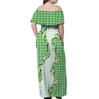 Green Hawaii Palaka Off Shoulder Maxi Dress Maile Pikake Honohono Orchid Lei LT05 - Polynesian Pride