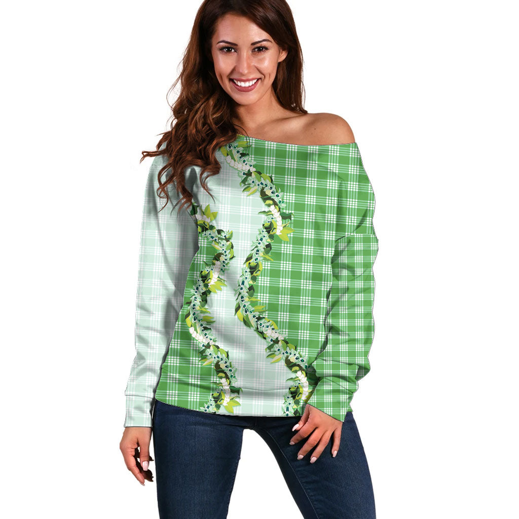Green Hawaii Palaka Off Shoulder Sweater Maile Pikake Honohono Orchid Lei