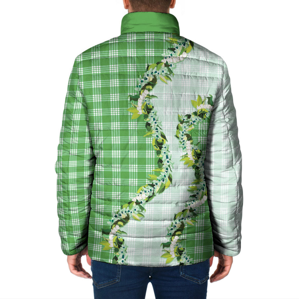 Green Hawaii Palaka Padded Jacket Maile Pikake Honohono Orchid Lei
