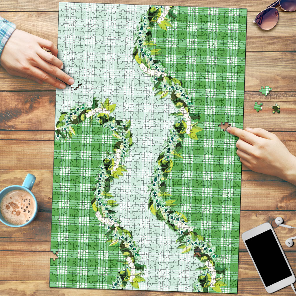 Green Hawaii Palaka Puzzle Maile Pikake Honohono Orchid Lei LT05 Green - Polynesian Pride