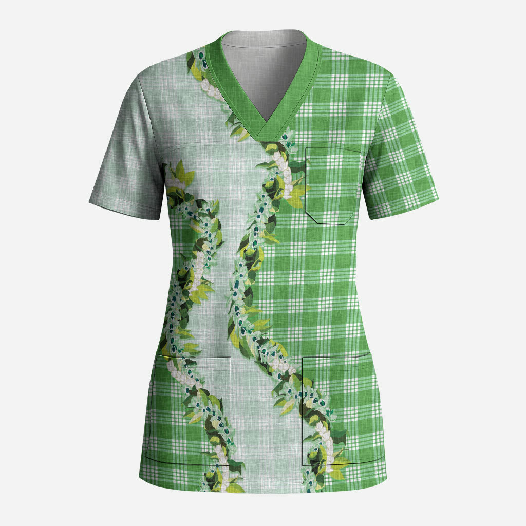 Green Hawaii Palaka Scrub Top Maile Pikake Honohono Orchid Lei LT05 Adult Green - Polynesian Pride