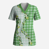 Green Hawaii Palaka Scrub Top Maile Pikake Honohono Orchid Lei LT05 Adult Green - Polynesian Pride