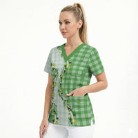 Green Hawaii Palaka Scrub Top Maile Pikake Honohono Orchid Lei LT05 - Polynesian Pride