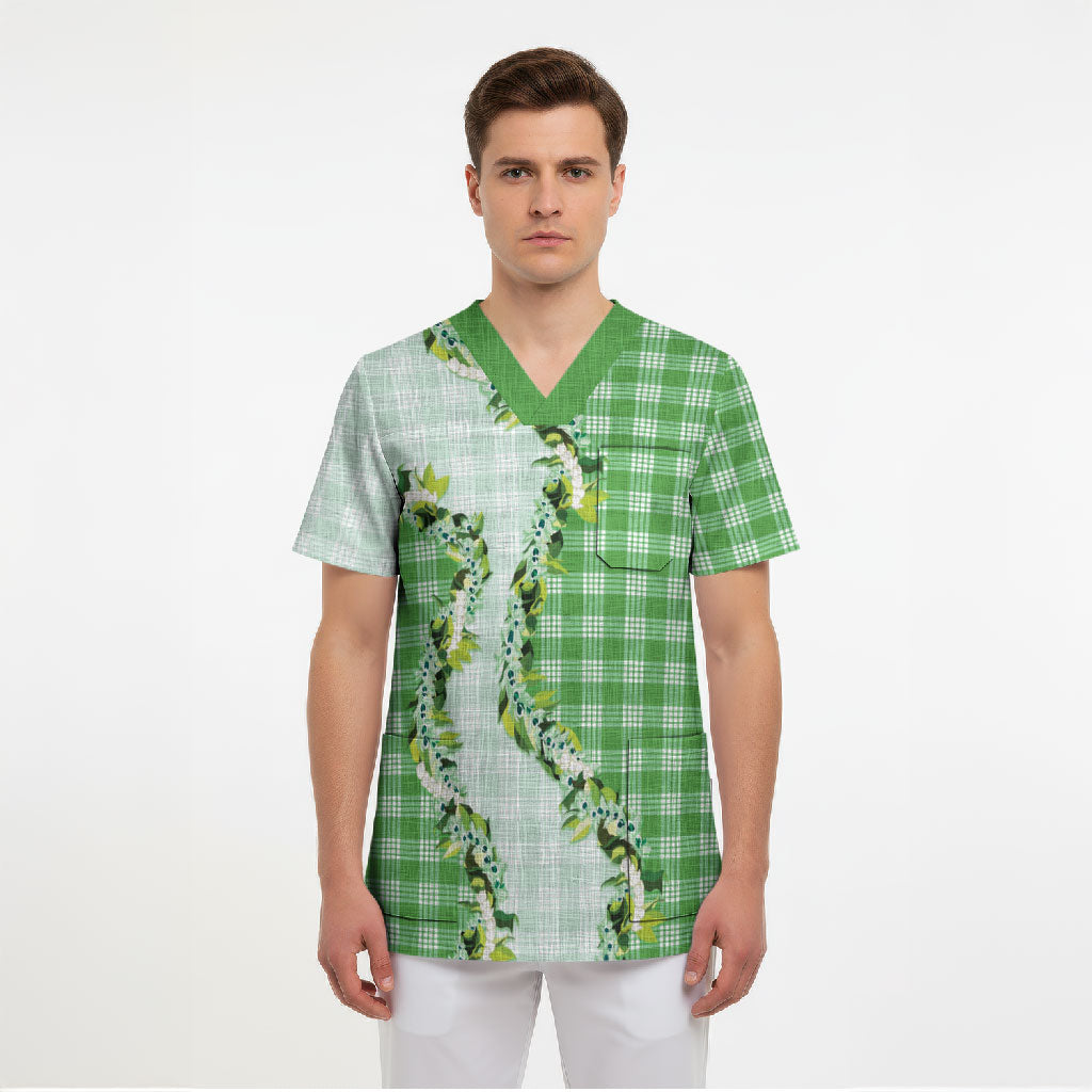 Green Hawaii Palaka Scrub Top Maile Pikake Honohono Orchid Lei LT05 - Polynesian Pride