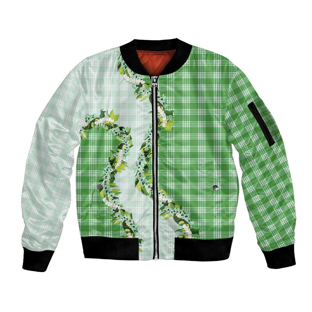 Green Hawaii Palaka Sleeve Zip Bomber Jacket Maile Pikake Honohono Orchid Lei LT05 Unisex Green - Polynesian Pride