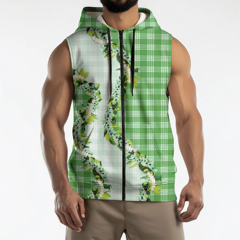 Green Hawaii Palaka Sleeveless Zip Hoodie Maile Pikake Honohono Orchid Lei LT05 - Polynesian Pride