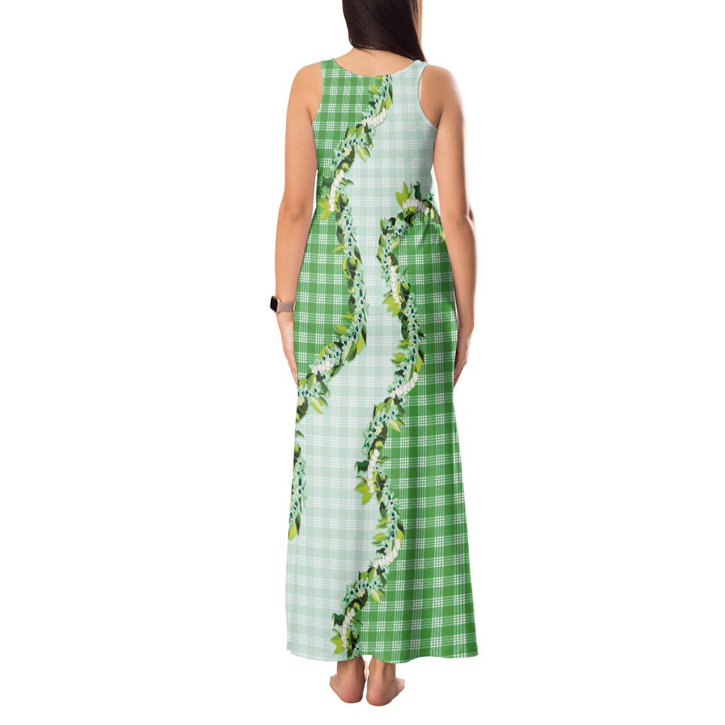 Green Hawaii Palaka Tank Maxi Dress Maile Pikake Honohono Orchid Lei LT05 - Polynesian Pride