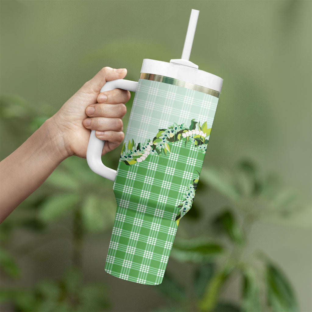 Green Hawaii Palaka Tumbler With Handle Maile Pikake Honohono Orchid Lei