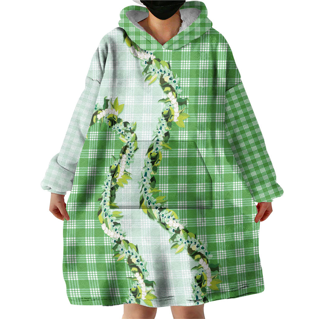Green Hawaii Palaka Wearable Blanket Hoodie Maile Pikake Honohono Orchid Lei LT05 - Polynesian Pride