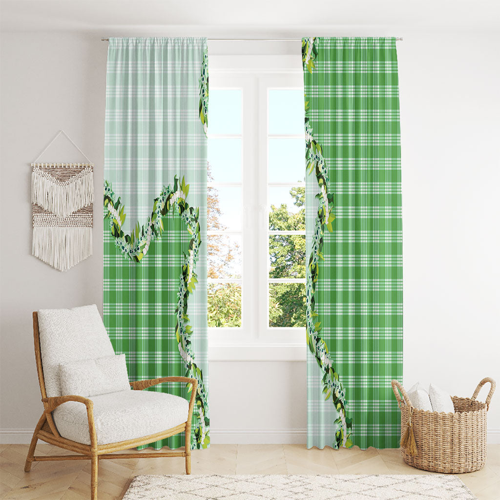 Green Hawaii Palaka Window Curtain Maile Pikake Honohono Orchid Lei