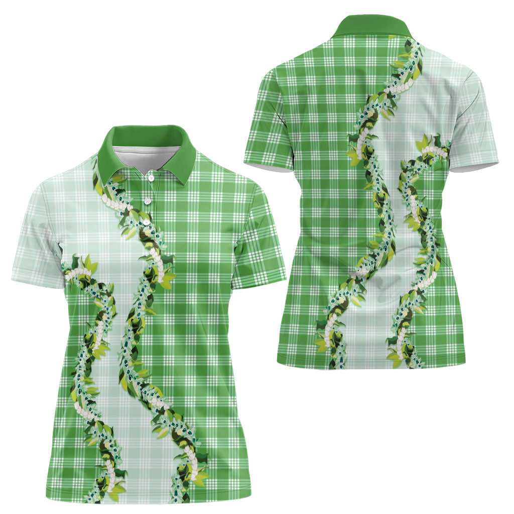 Green Hawaii Palaka Women Polo Shirt Maile Pikake Honohono Orchid Lei LT05 - Polynesian Pride