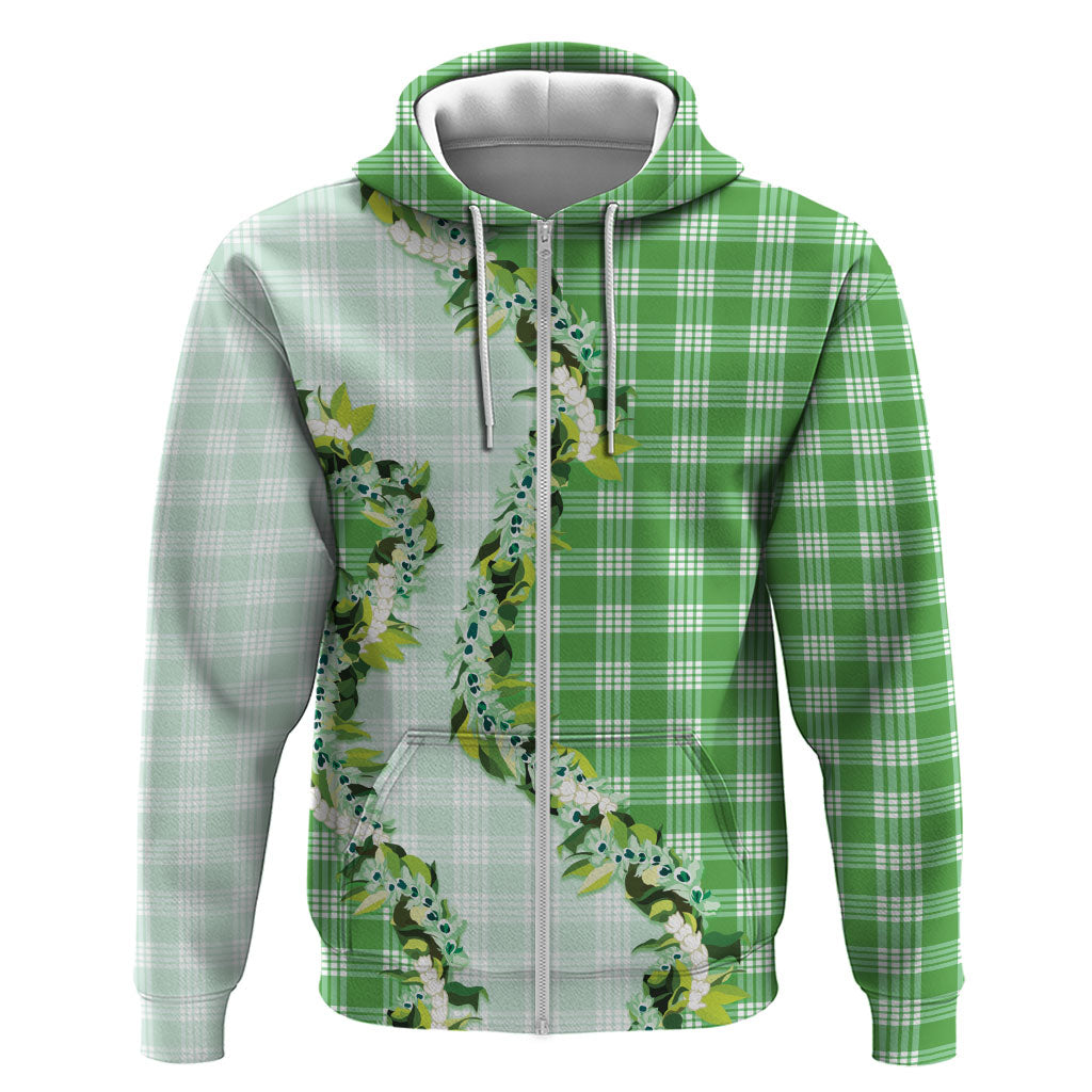 Green Hawaii Palaka Zip Hoodie Maile Pikake Honohono Orchid Lei