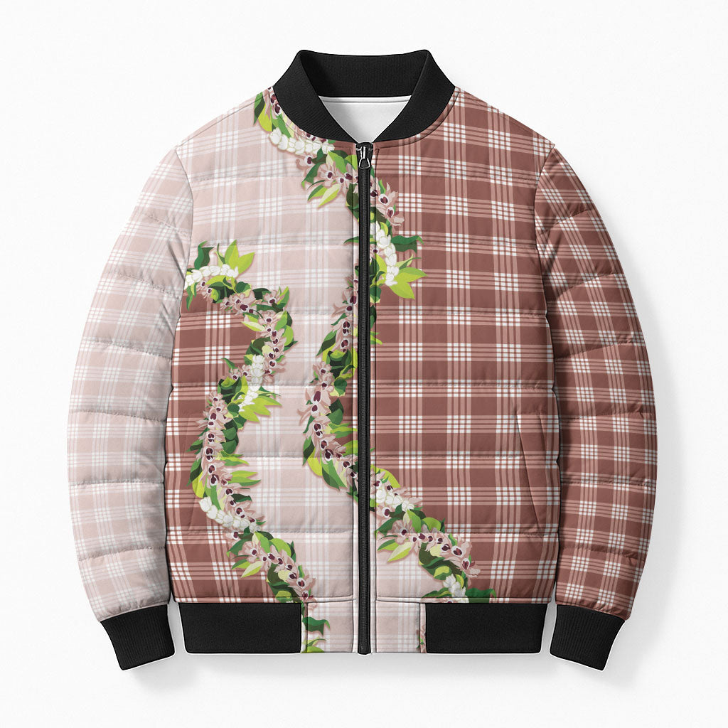 Mocha Hawaii Palaka Bomber Puffer Jacket Maile Pikake Honohono Orchid Lei LT05 Unisex Mocha - Polynesian Pride