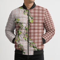 Mocha Hawaii Palaka Bomber Puffer Jacket Maile Pikake Honohono Orchid Lei