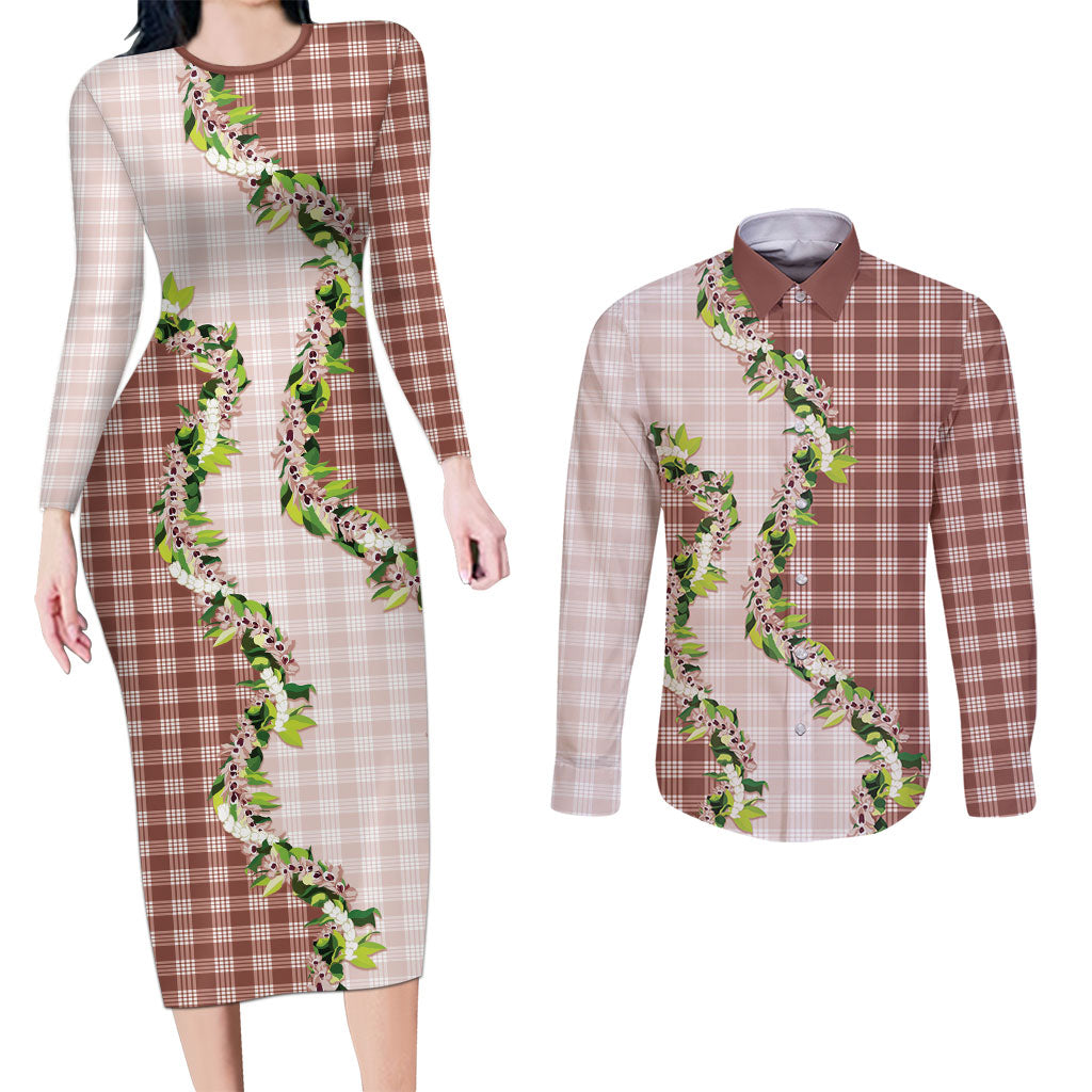Mocha Hawaii Palaka Couples Matching Long Sleeve Bodycon Dress and Long Sleeve Button Shirt Maile Pikake Honohono Orchid Lei LT05 Mocha - Polynesian Pride