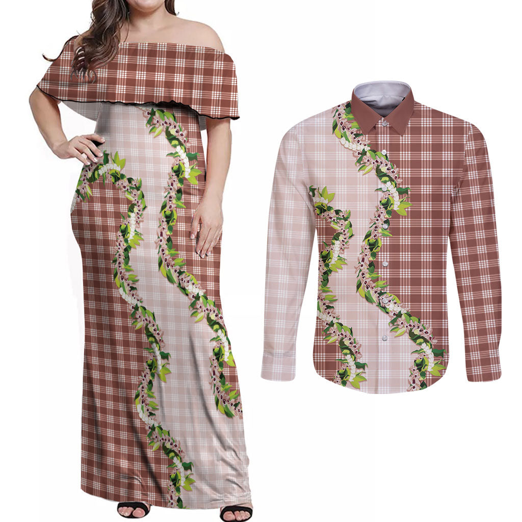 Mocha Hawaii Palaka Couples Matching Off Shoulder Maxi Dress and Long Sleeve Button Shirt Maile Pikake Honohono Orchid Lei LT05 Mocha - Polynesian Pride