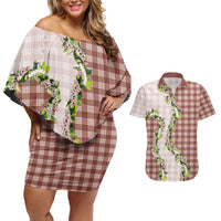 Mocha Hawaii Palaka Couples Matching Off Shoulder Short Dress and Hawaiian Shirt Maile Pikake Honohono Orchid Lei LT05 Mocha - Polynesian Pride