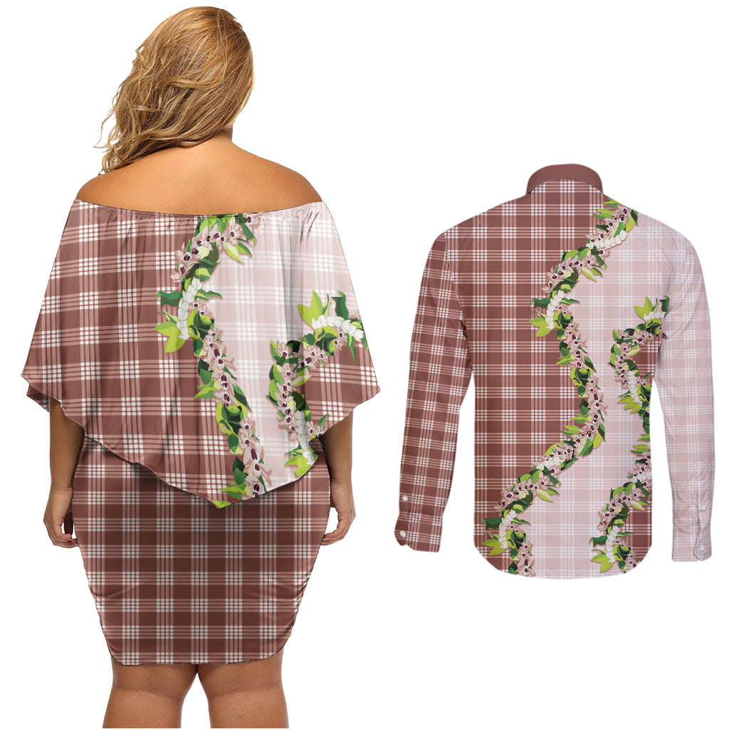 Mocha Hawaii Palaka Couples Matching Off Shoulder Short Dress and Long Sleeve Button Shirt Maile Pikake Honohono Orchid Lei LT05 - Polynesian Pride