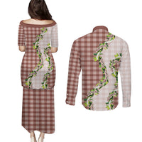 Mocha Hawaii Palaka Couples Matching Puletasi and Long Sleeve Button Shirt Maile Pikake Honohono Orchid Lei LT05 - Polynesian Pride