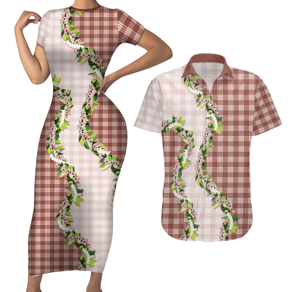 Mocha Hawaii Palaka Couples Matching Short Sleeve Bodycon Dress and Hawaiian Shirt Maile Pikake Honohono Orchid Lei