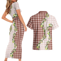 Mocha Hawaii Palaka Couples Matching Short Sleeve Bodycon Dress and Hawaiian Shirt Maile Pikake Honohono Orchid Lei LT05 - Polynesian Pride