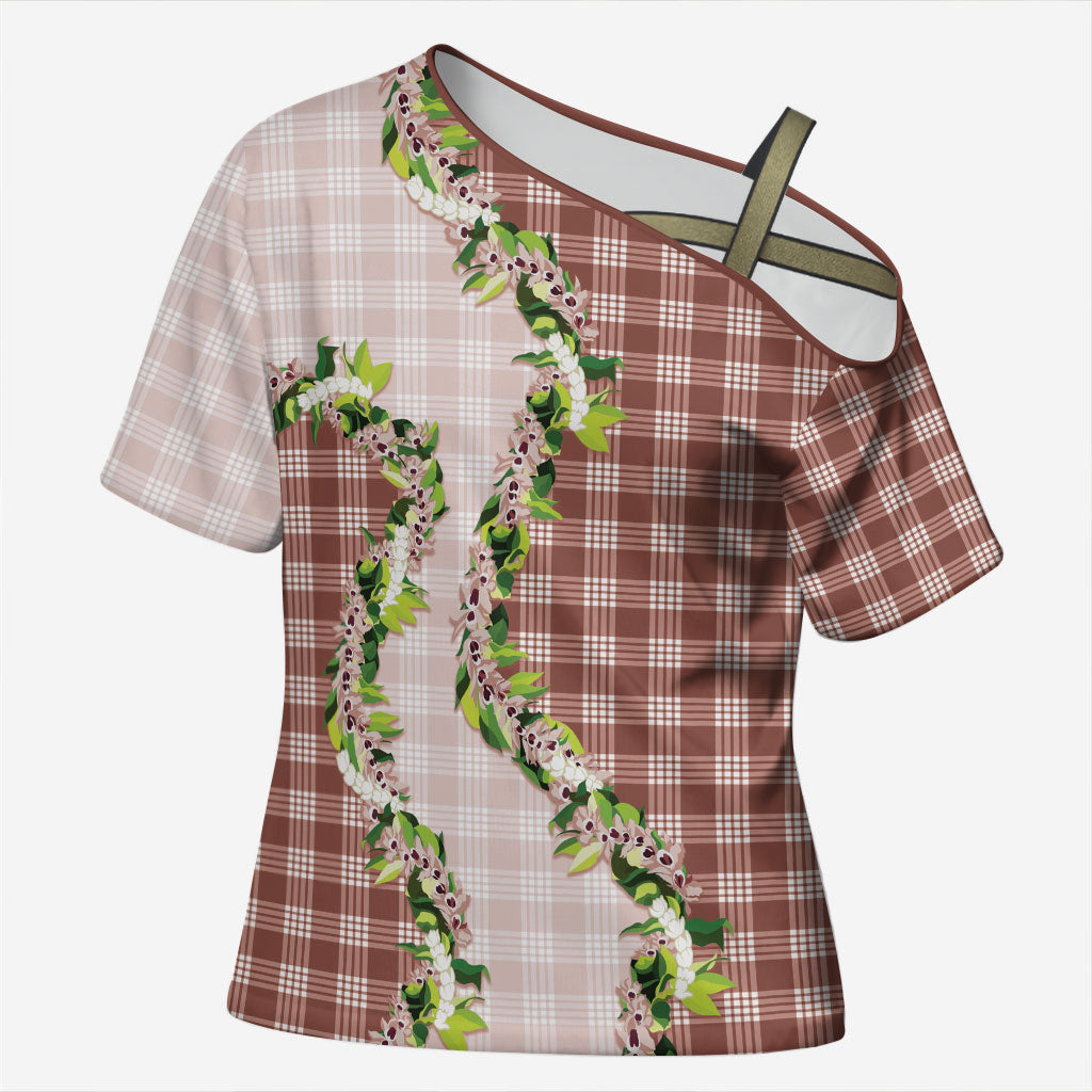 Mocha Hawaii Palaka Cross Shoulder Shirt Maile Pikake Honohono Orchid Lei LT05 Female Mocha - Polynesian Pride