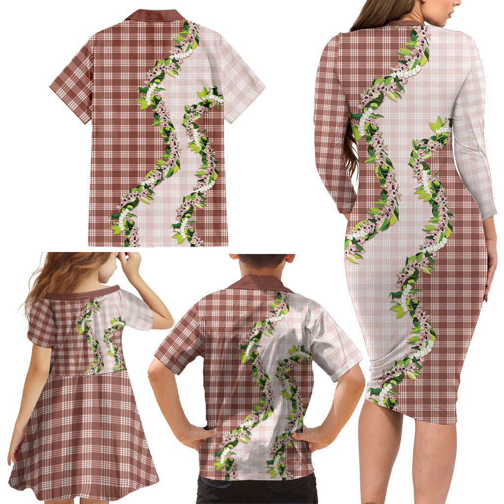 Mocha Hawaii Palaka Family Matching Long Sleeve Bodycon Dress and Hawaiian Shirt Maile Pikake Honohono Orchid Lei LT05 - Polynesian Pride