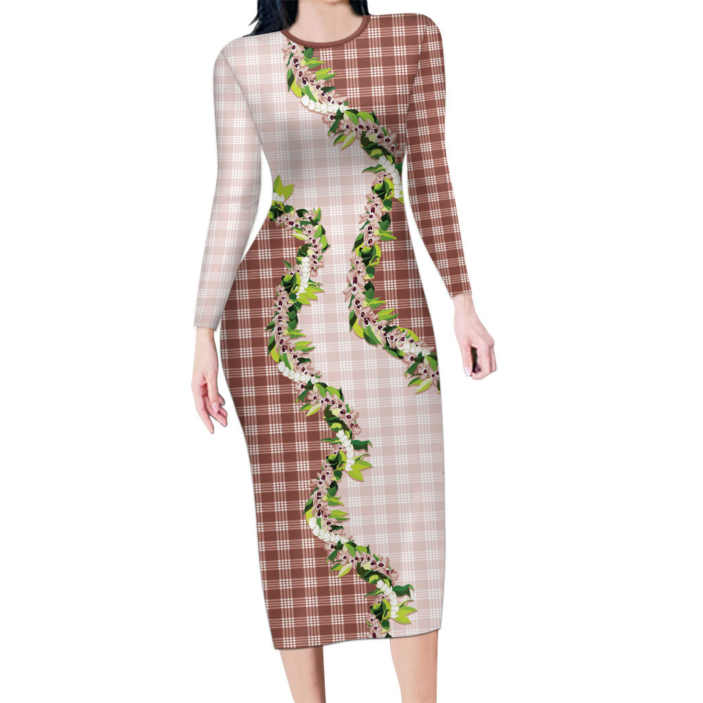 Mocha Hawaii Palaka Family Matching Long Sleeve Bodycon Dress and Hawaiian Shirt Maile Pikake Honohono Orchid Lei LT05 Mom's Dress Mocha - Polynesian Pride