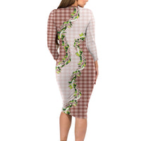 Mocha Hawaii Palaka Family Matching Long Sleeve Bodycon Dress and Hawaiian Shirt Maile Pikake Honohono Orchid Lei LT05 - Polynesian Pride