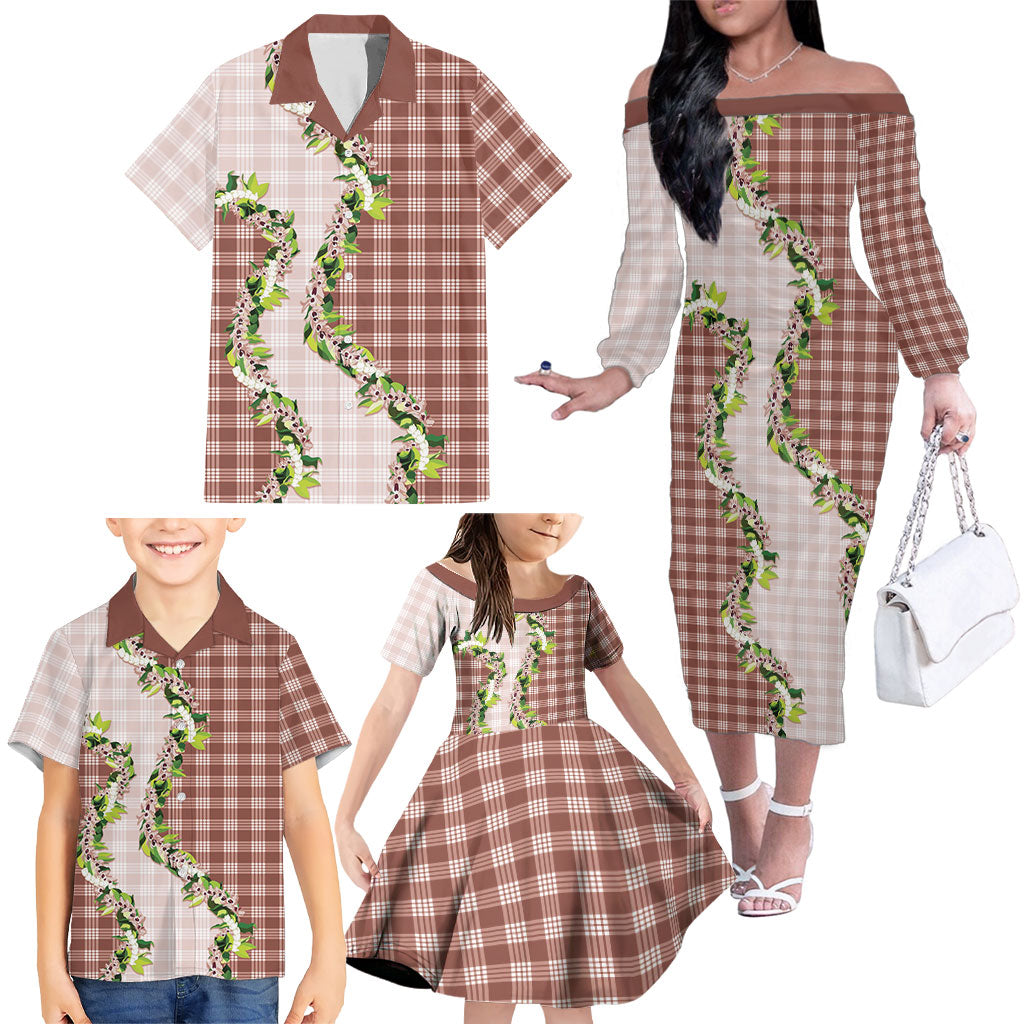 Mocha Hawaii Palaka Family Matching Off The Shoulder Long Sleeve Dress and Hawaiian Shirt Maile Pikake Honohono Orchid Lei LT05 - Polynesian Pride