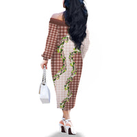 Mocha Hawaii Palaka Family Matching Off The Shoulder Long Sleeve Dress and Hawaiian Shirt Maile Pikake Honohono Orchid Lei LT05 - Polynesian Pride