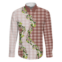 Mocha Hawaii Palaka Family Matching Off Shoulder Maxi Dress and Hawaiian Shirt Maile Pikake Honohono Orchid Lei LT05 Dad's Shirt - Long Sleeve Mocha - Polynesian Pride