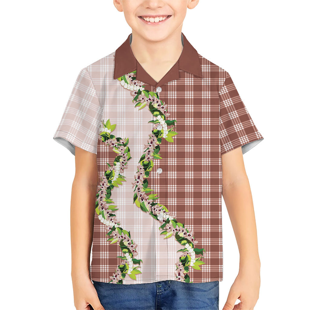 Mocha Hawaii Palaka Kid Hawaiian Shirt Maile Pikake Honohono Orchid Lei