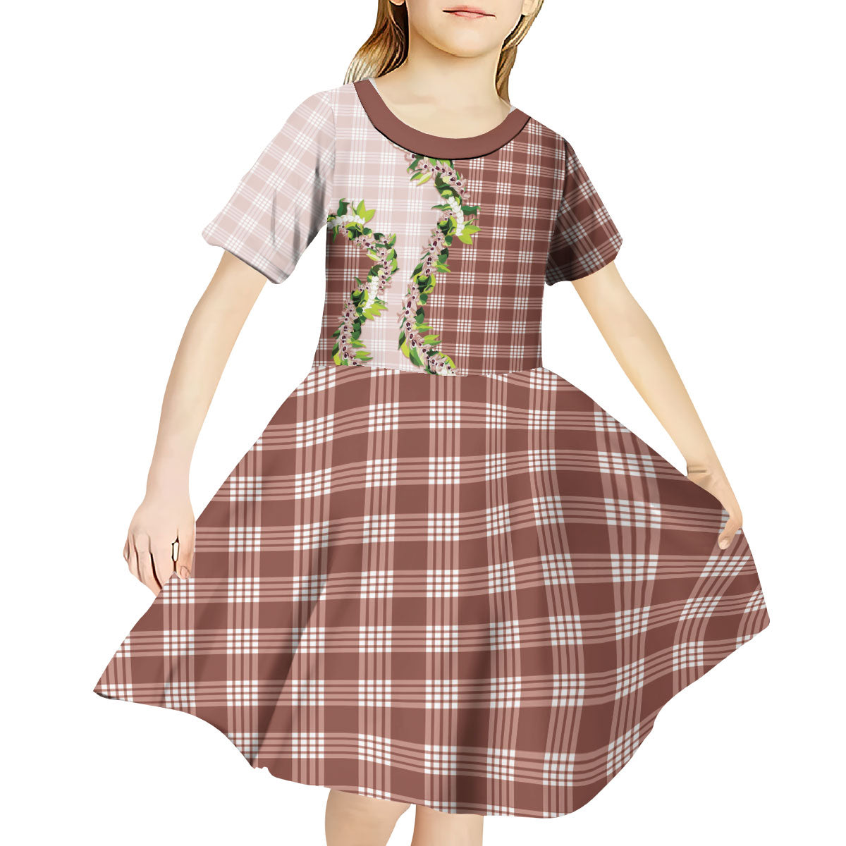 Mocha Hawaii Palaka Kid Short Sleeve Dress Maile Pikake Honohono Orchid Lei LT05 - Polynesian Pride