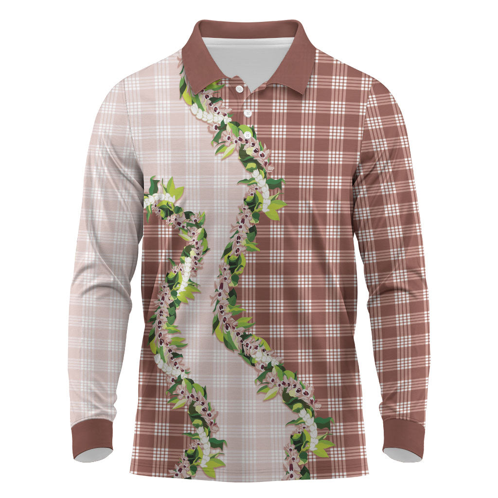 Mocha Hawaii Palaka Long Sleeve Polo Shirt Maile Pikake Honohono Orchid Lei LT05 Mocha - Polynesian Pride