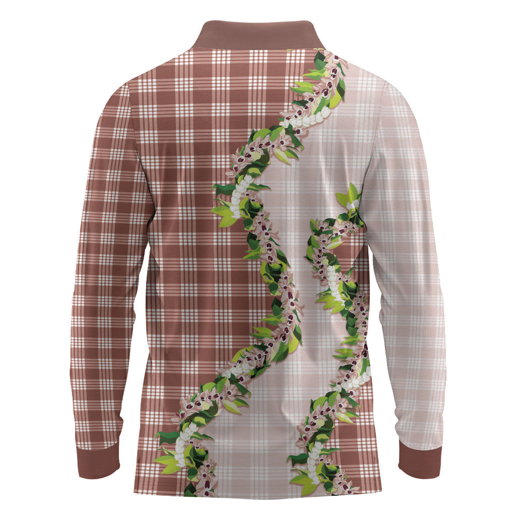 Mocha Hawaii Palaka Long Sleeve Polo Shirt Maile Pikake Honohono Orchid Lei LT05 - Polynesian Pride