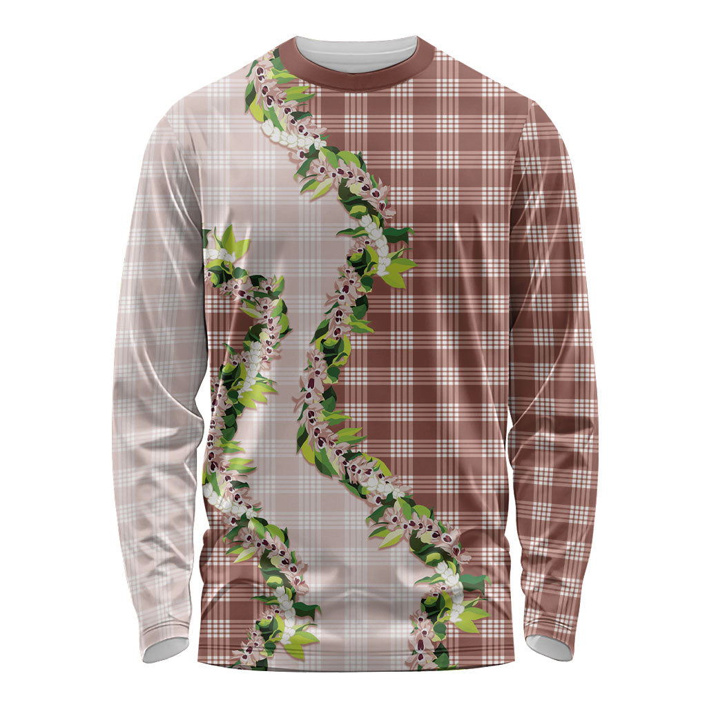 Mocha Hawaii Palaka Long Sleeve Shirt Maile Pikake Honohono Orchid Lei