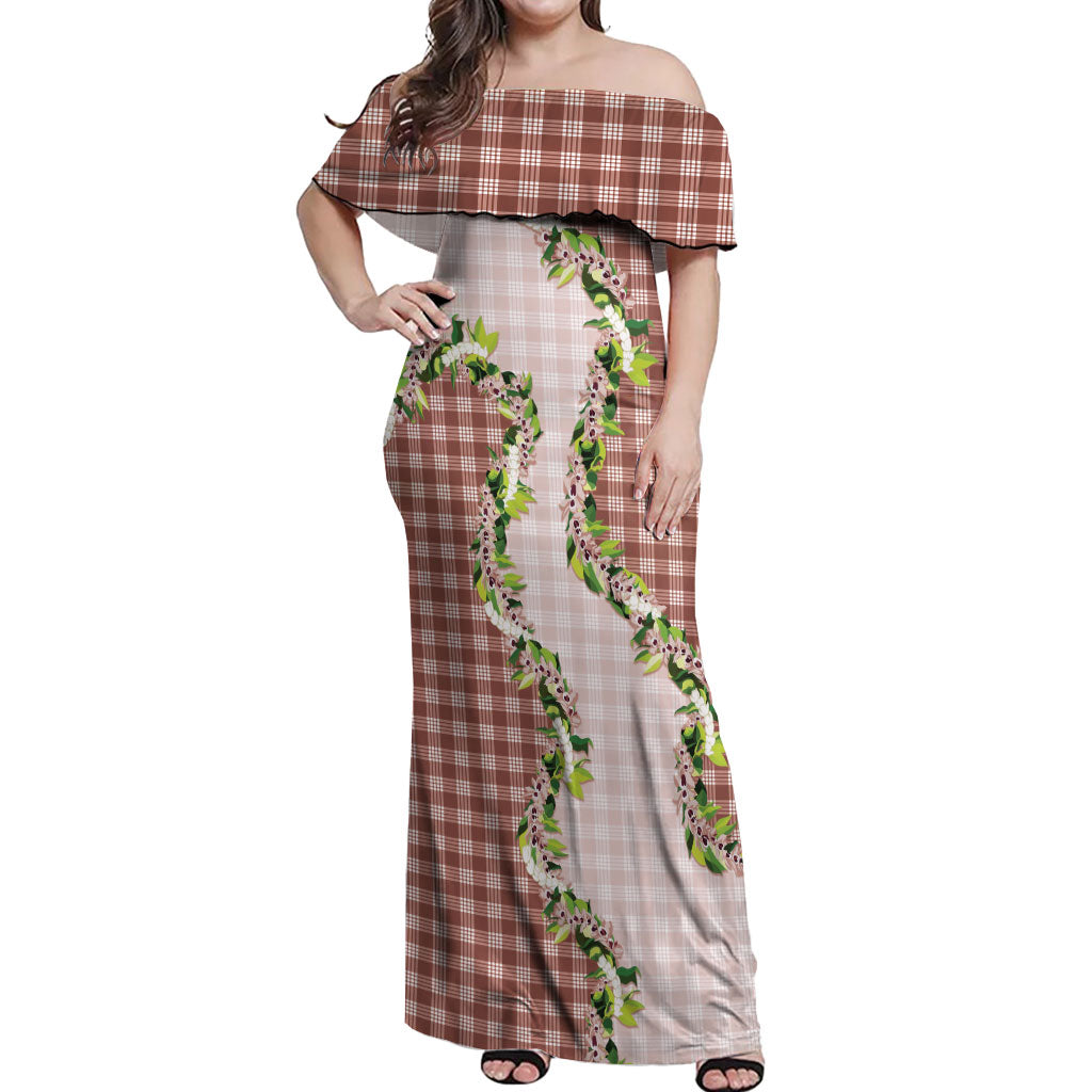 Mocha Hawaii Palaka Off Shoulder Maxi Dress Maile Pikake Honohono Orchid Lei LT05 Women Mocha - Polynesian Pride